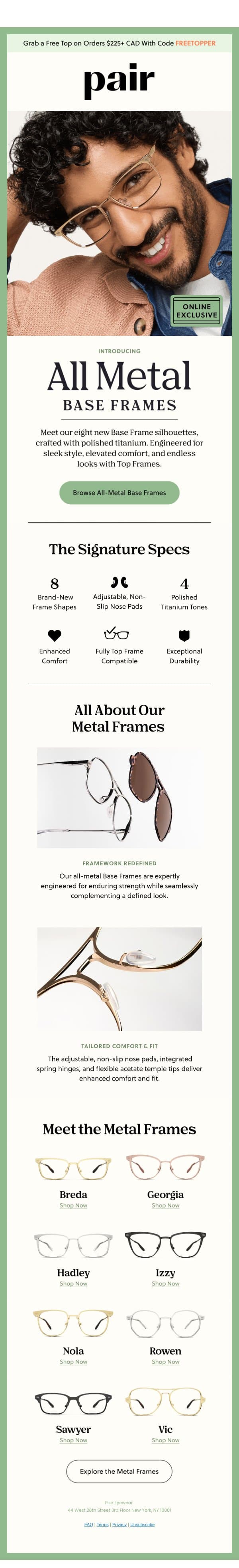 ALL-METAL BASE FRAMES email from Pair Eyewear screenshot