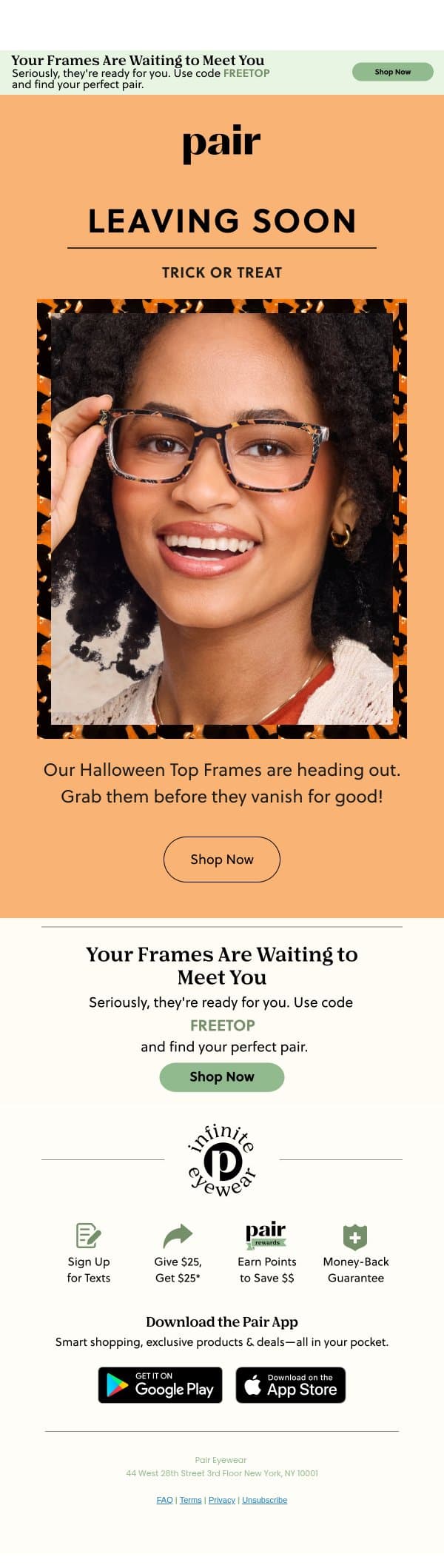 Leaving Soon: Trick or Treat email from Pair Eyewear screenshot