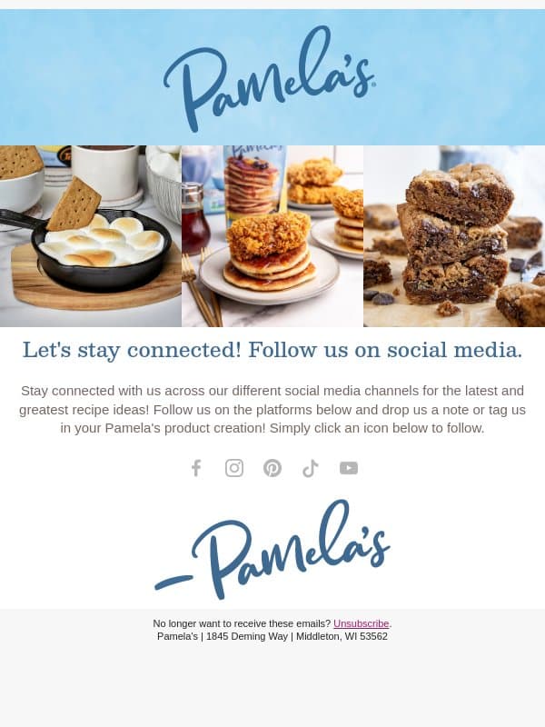 Follow us on Social Media! email from Pamela's Products screenshot