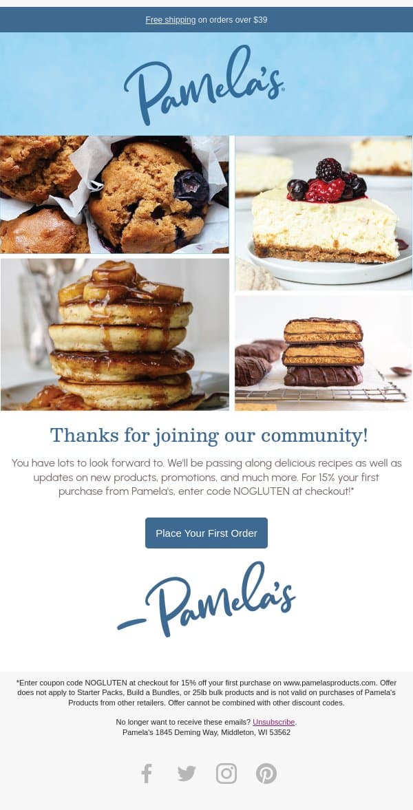 Thanks for signing up for our newsletter! email from Pamela's Products screenshot