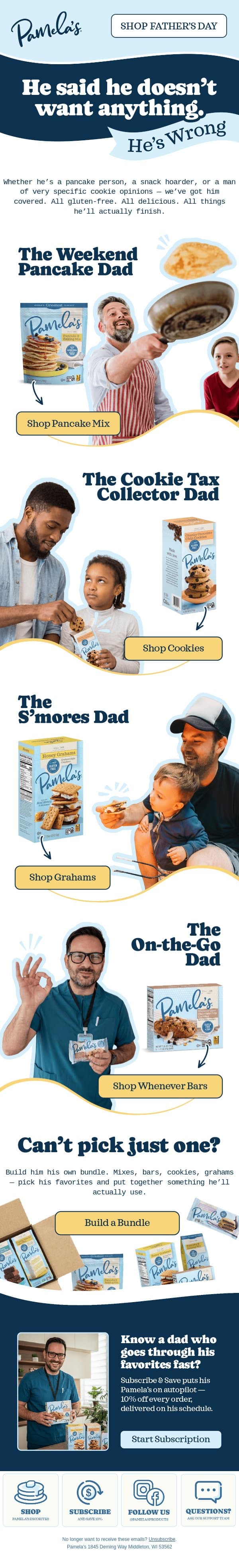 He said he doesn’t want anything. He’s wrong. 🎁 email from Pamela's Products screenshot
