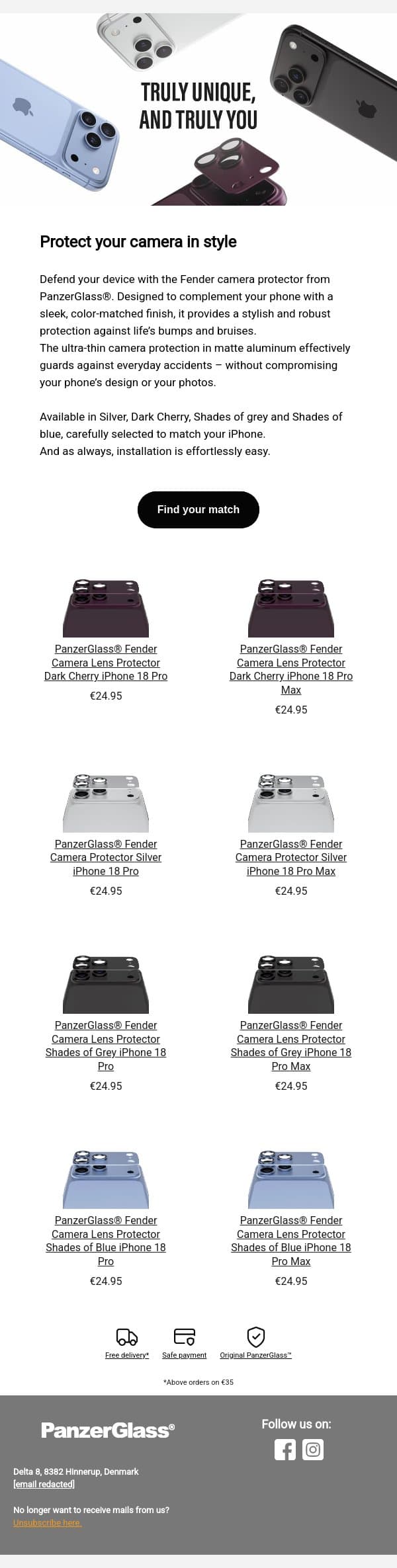 Color-matched camera protection for the new iPhone 18 Pro email from PanzerGlass screenshot