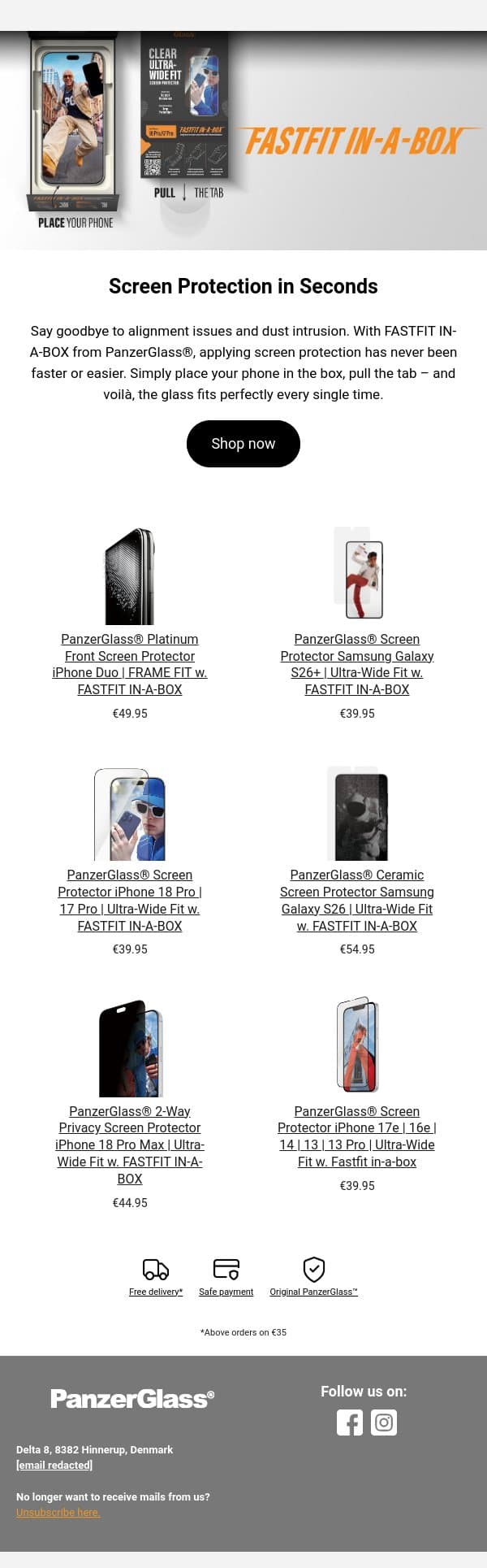 FASTFIT IN-A-BOX – Flawless installation in seconds email from PanzerGlass screenshot