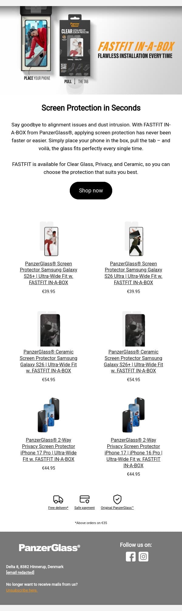 BESTSELLER: FASTFIT IN-A-BOX – Flawless installation in seconds email from PanzerGlass screenshot