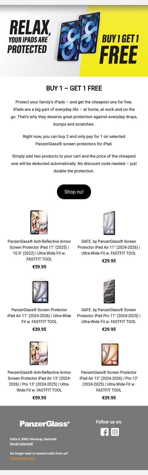 2 iPads? We’ll protect one for free 😉 email from PanzerGlass screenshot