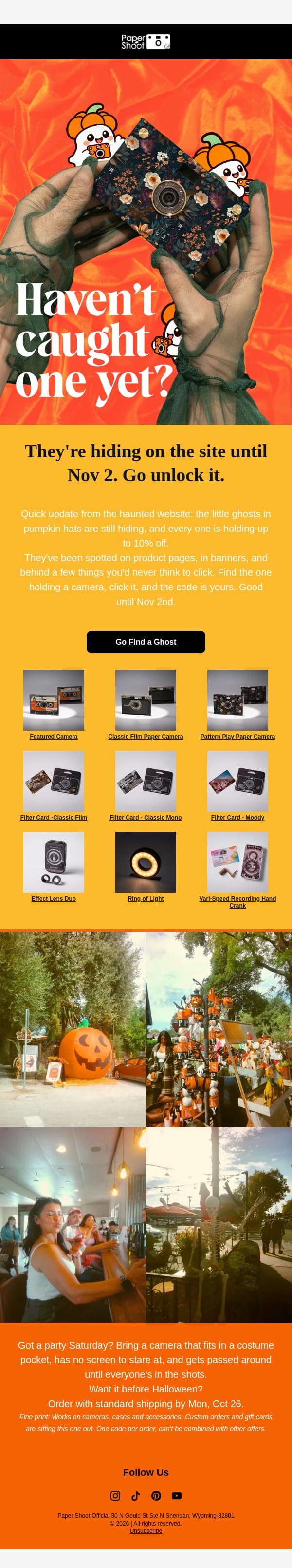 Up to 10% OFF pumpkin ghosts are still out there 👻 email from Papershoot screenshot