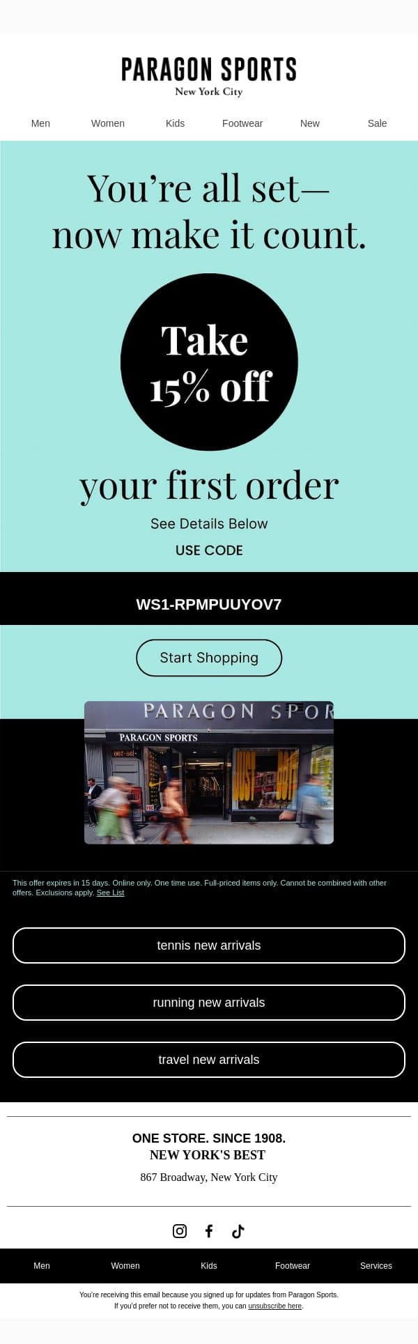 Don’t Forget About Your 15% Off email from Paragon Sports screenshot