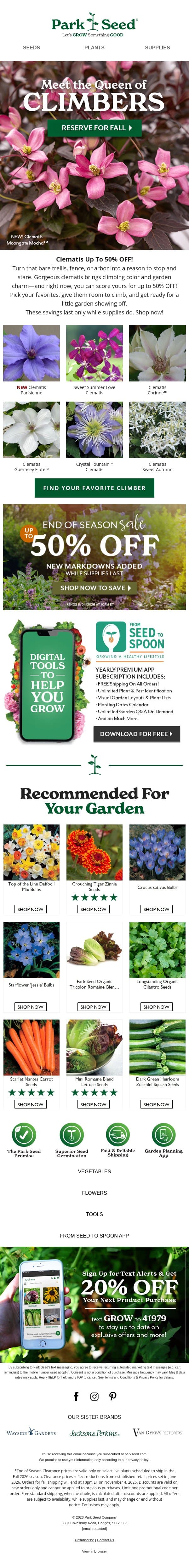 Treat Yourself to Clematis up to 50% OFF email from Park Seed screenshot