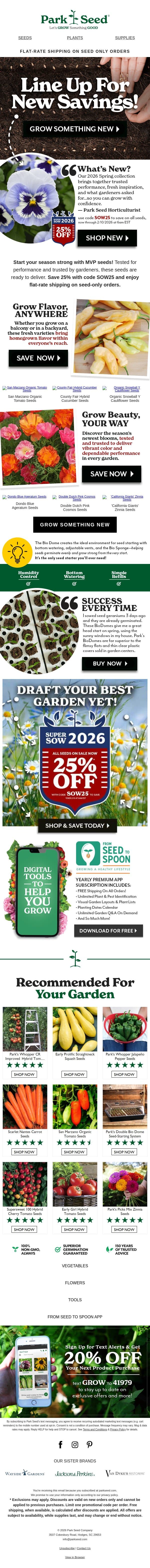 New Seeds, Big Savings—25% OFF & Flat-Rate Shipping! email from Park Seed screenshot