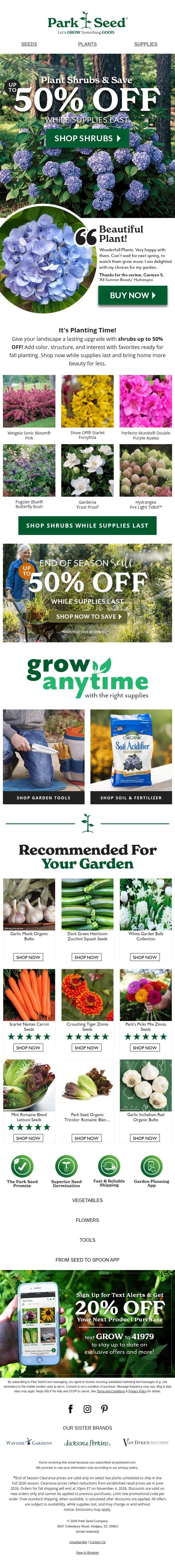 BIG Shrub Savings—Up to 50% OFF! email from Park Seed screenshot