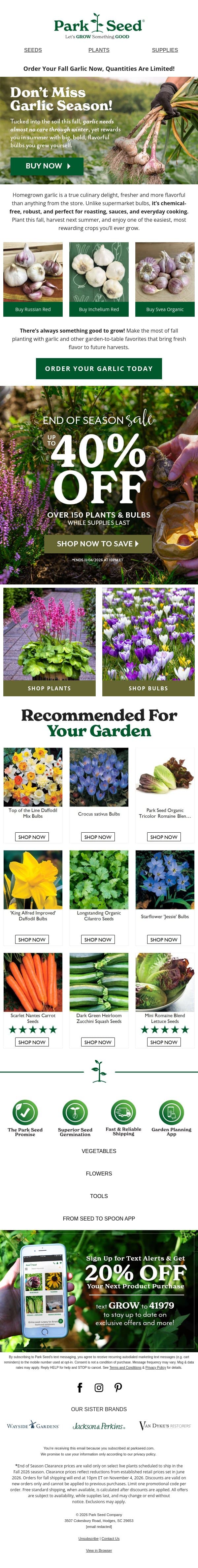 🧛♂️ VAMPIRES BEWARE: Garlic is Limited & Ready to Ship! email from Park Seed screenshot