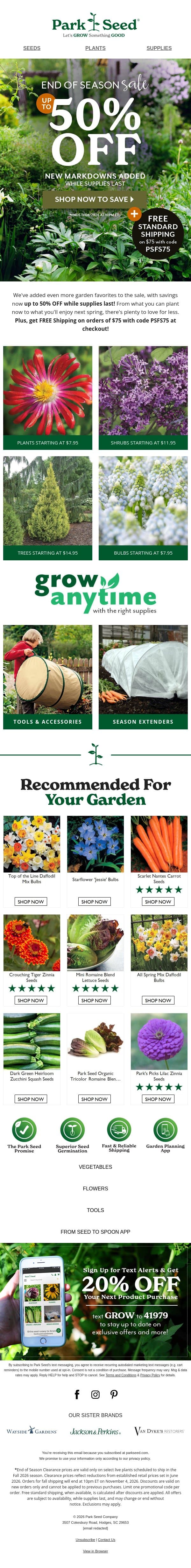 More blooms. Less spend. Up to 50% OFF! email from Park Seed screenshot