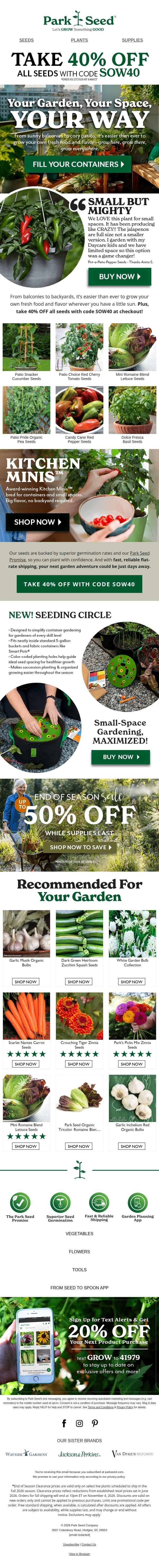 Patio-to-Plate Veggies & 40% Savings! 😍 email from Park Seed screenshot