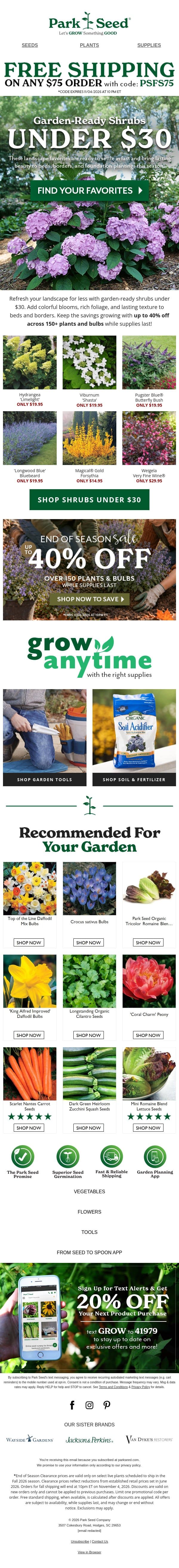 Landscape Love for Under $30! email from Park Seed screenshot