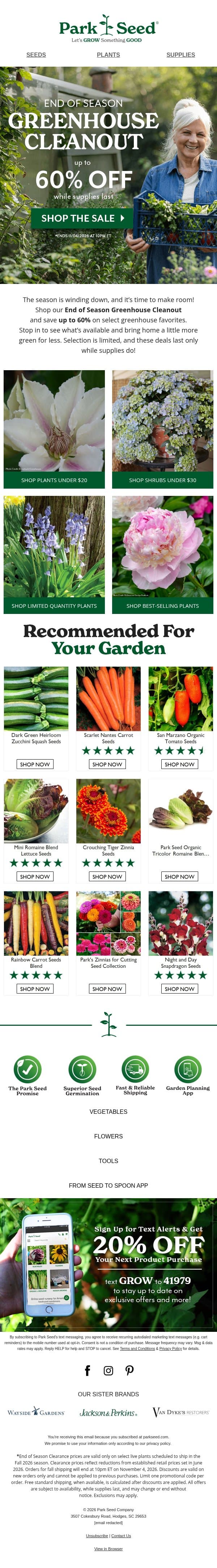 GREENHOUSE CLEANOUT! Up to 60% OFF 🌿 email from Park Seed screenshot