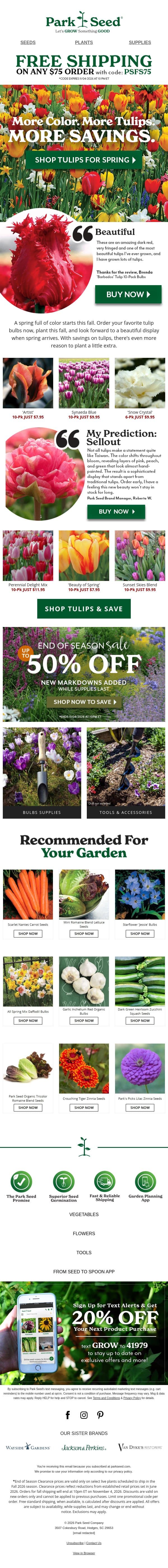 🌷More Tulips. BIGGER Savings. End of Season Sale! email from Park Seed screenshot