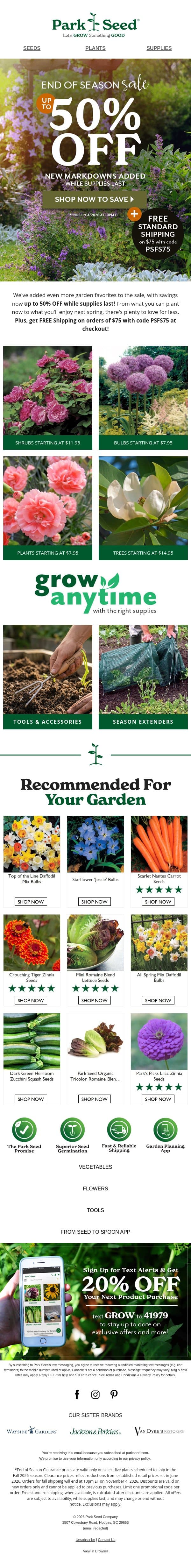 Grow Big for Less (up to 50% OFF while supplies last) email from Park Seed screenshot