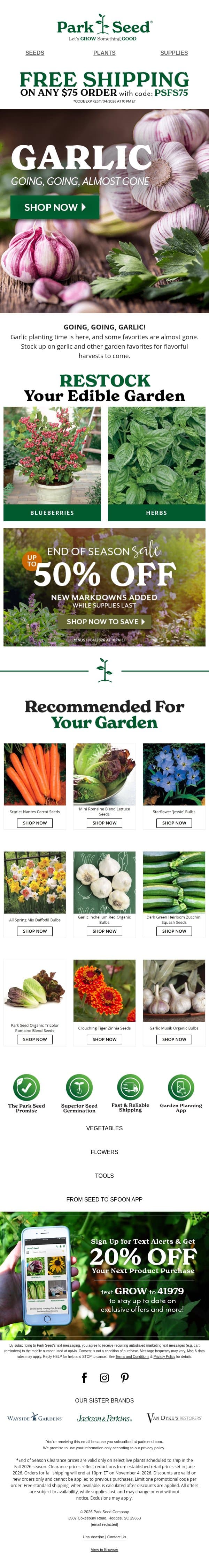Garlic is Going, Going...Almost Gone! email from Park Seed screenshot