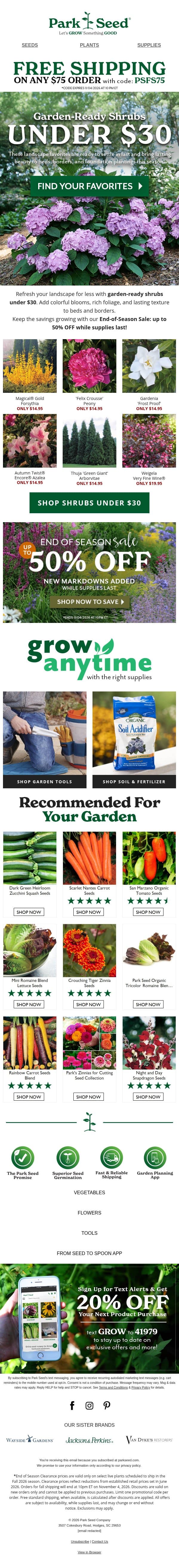 Shrubs Under $30 + End-of-Season Savings! email from Park Seed screenshot