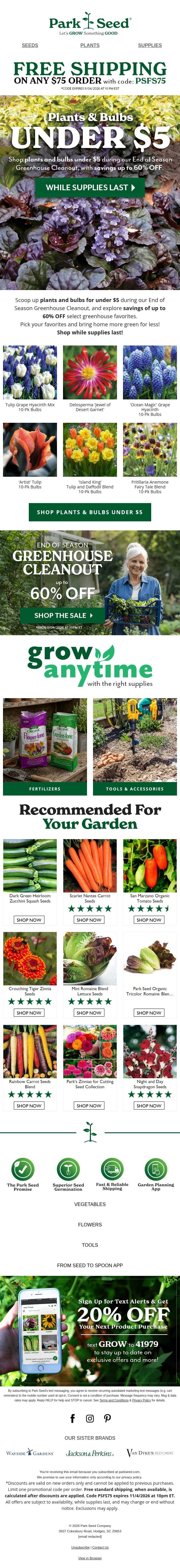 Plants & Bulbs UNDER $5! email from Park Seed screenshot