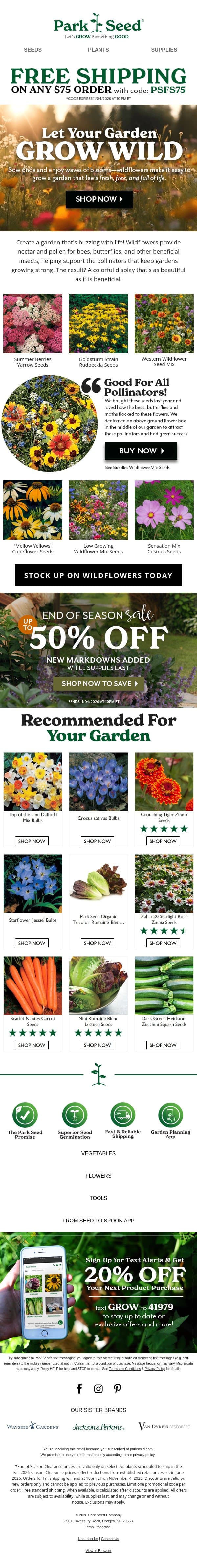 Wild About Wildflowers & Savings? Us too! email from Park Seed screenshot