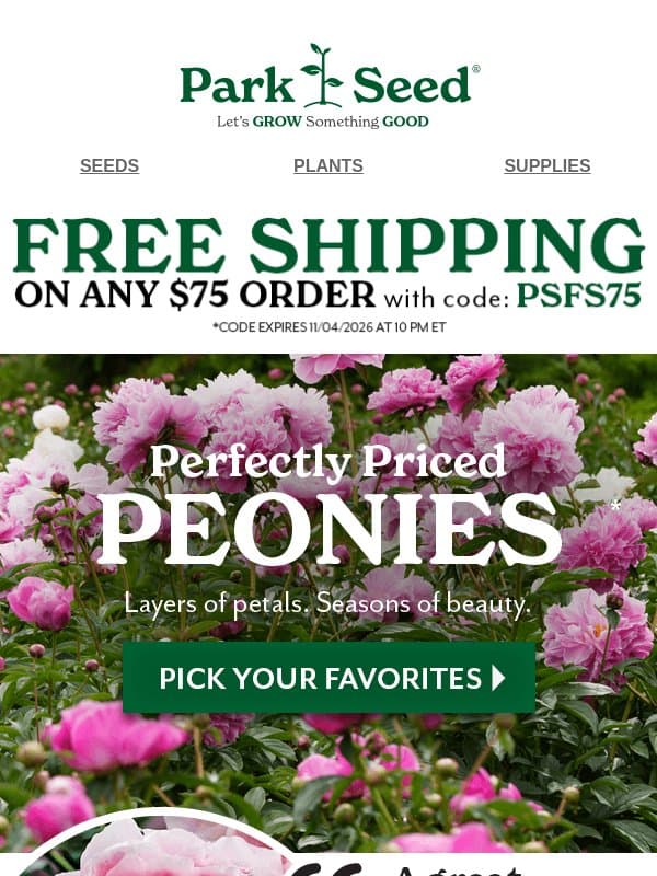 Perfectly Priced Peonies & FREE Shipping! email from Park Seed