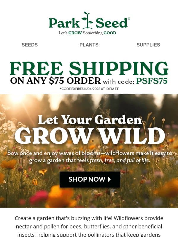 Wild About Wildflowers & Savings? Us too! email from Park Seed