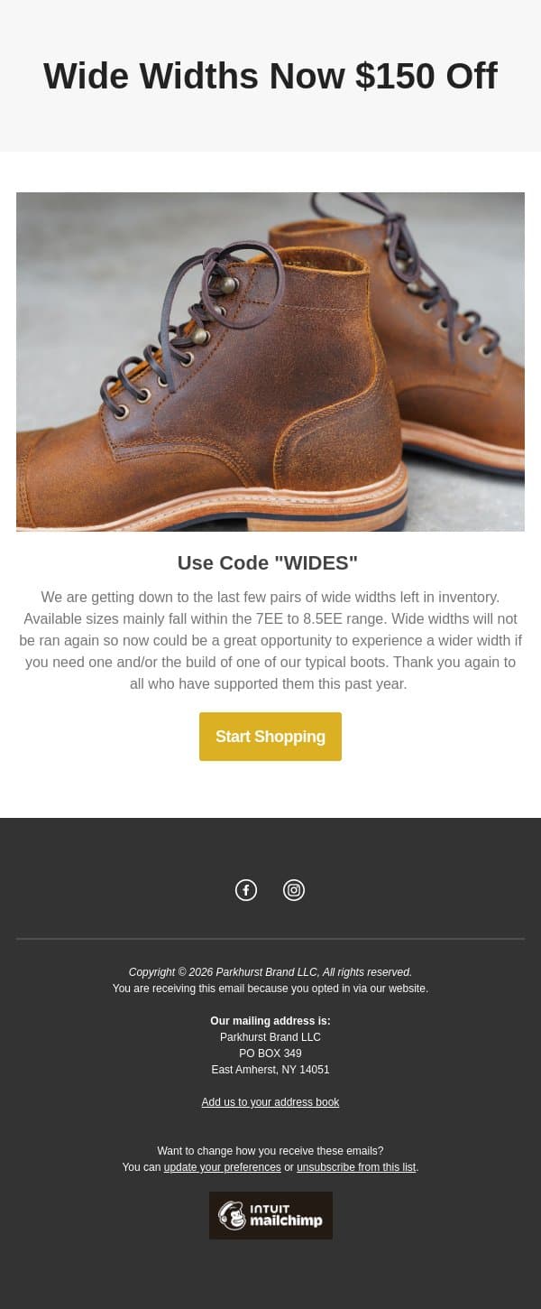 Now $150 Off email from Parkhurst screenshot