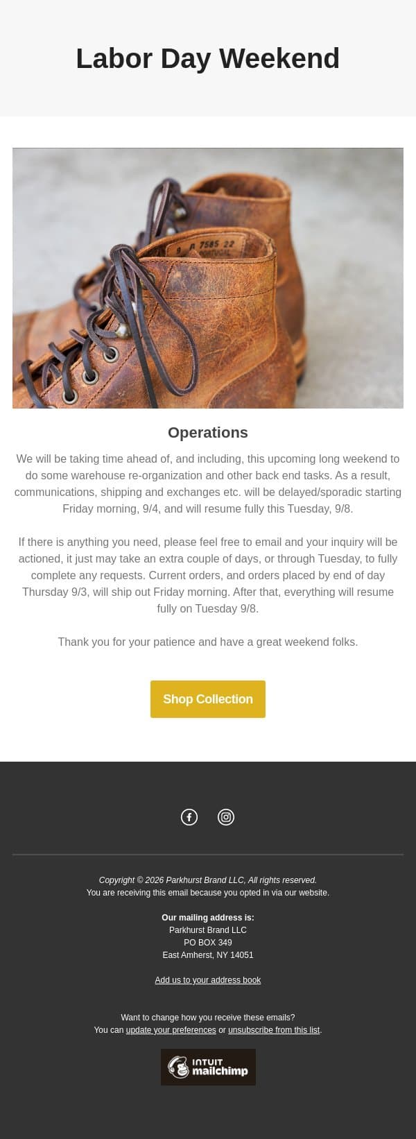 Labor Day email from Parkhurst screenshot
