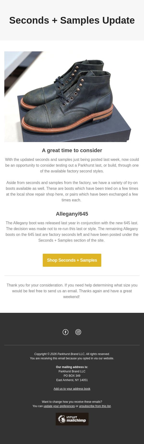 Seconds + Samples - Going Strong email from Parkhurst screenshot