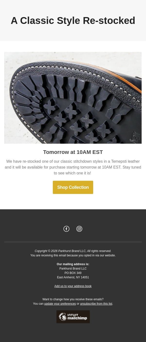 Re-stock Tomorrow 7/30 email from Parkhurst screenshot