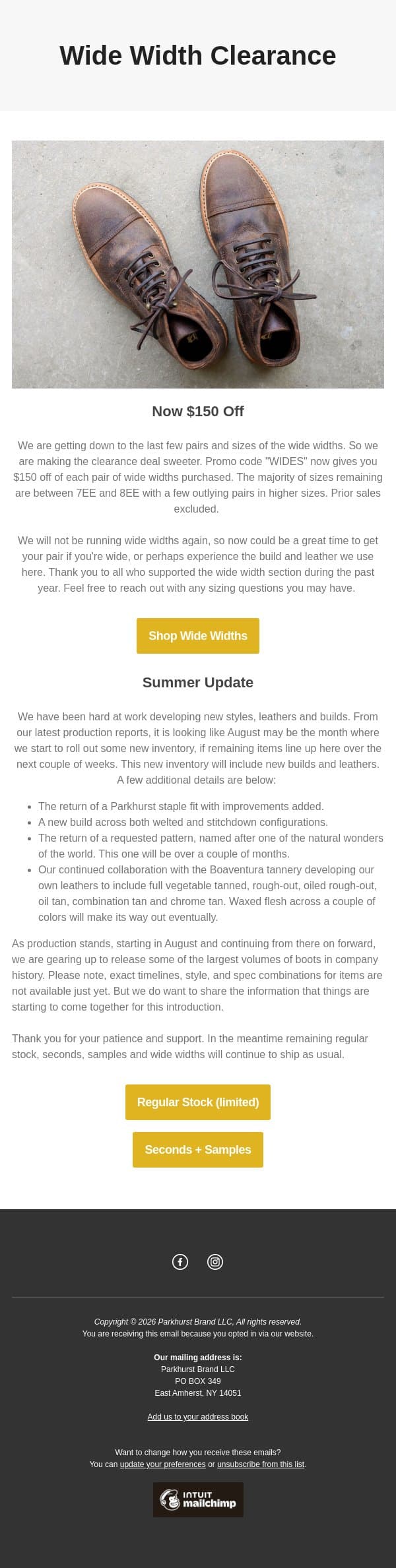 Summer Update + Wide Width Extension email from Parkhurst screenshot