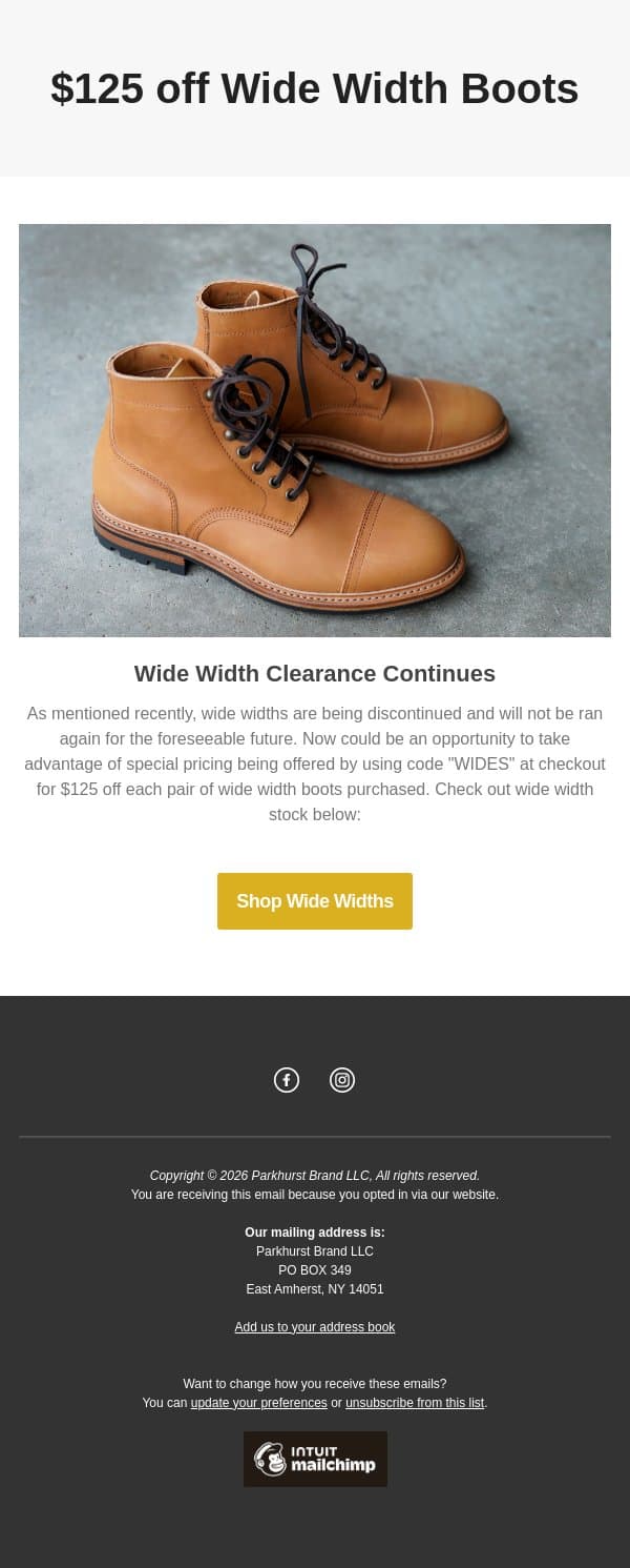 Wide Width Clearance Ongoing email from Parkhurst screenshot