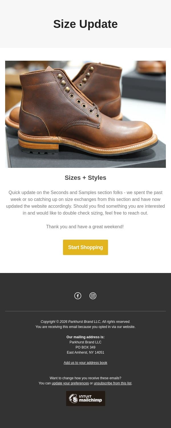 Seconds + Samples Update email from Parkhurst screenshot