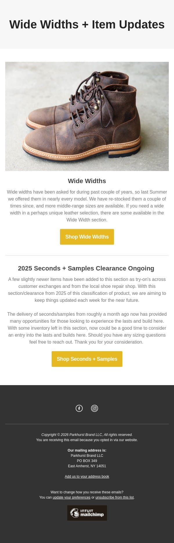 Wide Widths + Item Updates email from Parkhurst screenshot