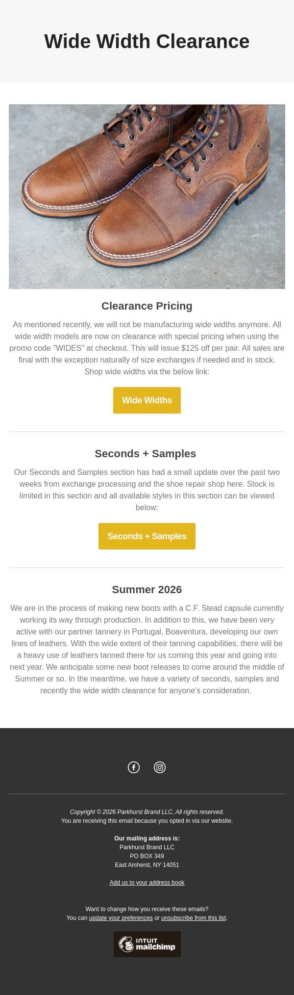 Wide Widths + Updates email from Parkhurst screenshot