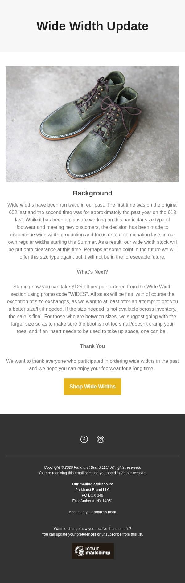 Wide Width Clearance email from Parkhurst screenshot