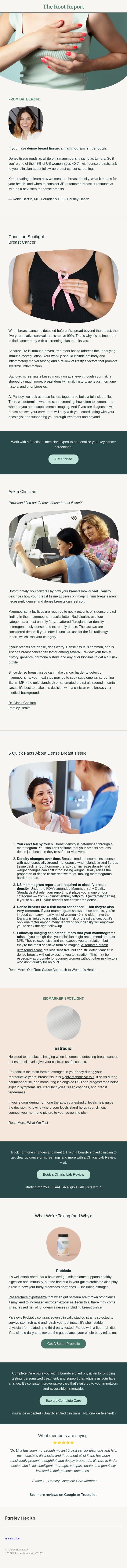 Dense breast tissue and alternative cancer screening options email from Parsley Health screenshot