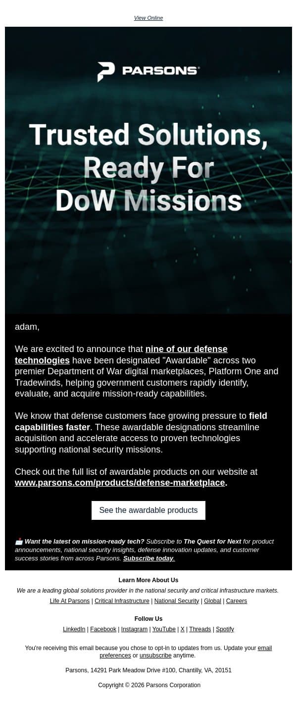 Nine Awardable Solutions For DoW Missions email from Parsons Corporation screenshot