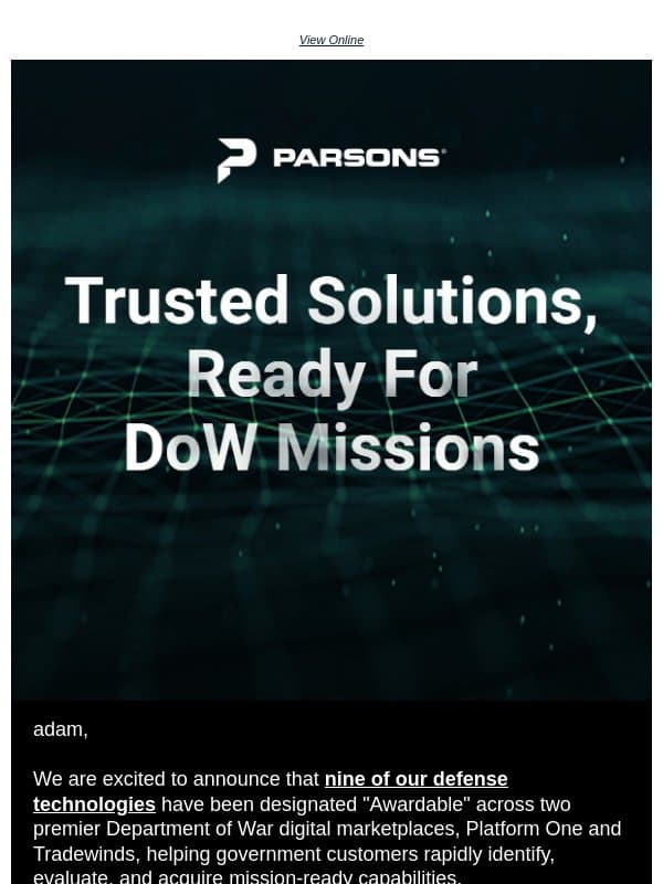 Nine Awardable Solutions For DoW Missions email from Parsons Corporation