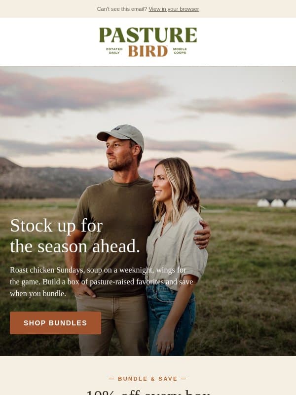 Stock Up for the Season email from Pasturebird