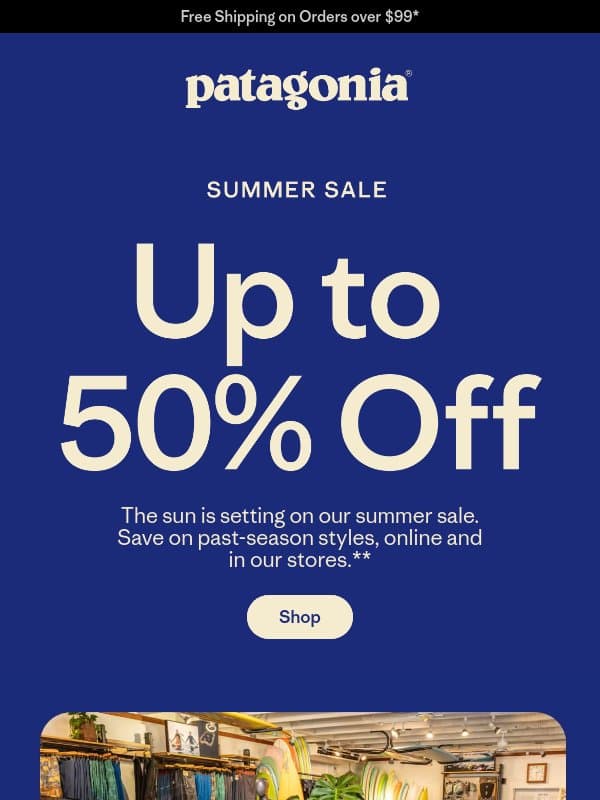 Last call for up to 50% off email from Patagonia