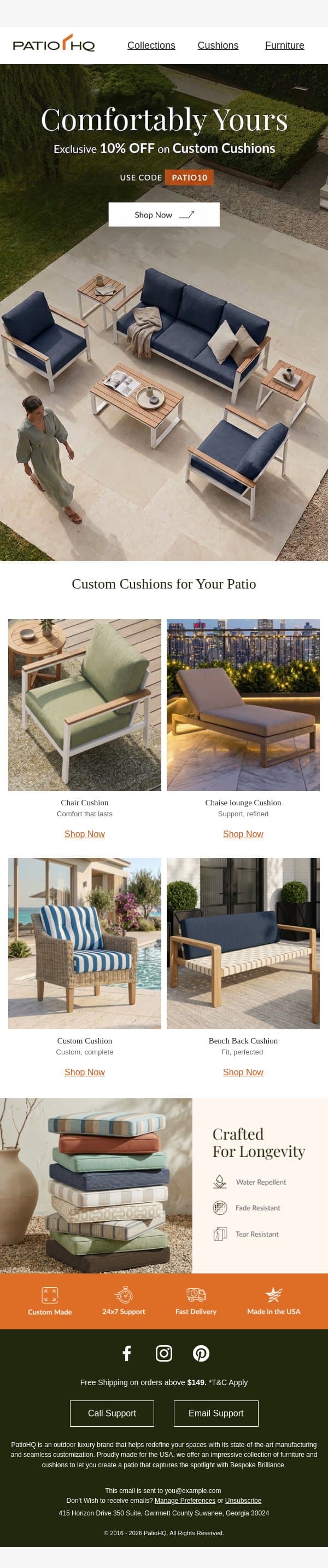 Comfort That Completes Your Space email from PatioHQ screenshot