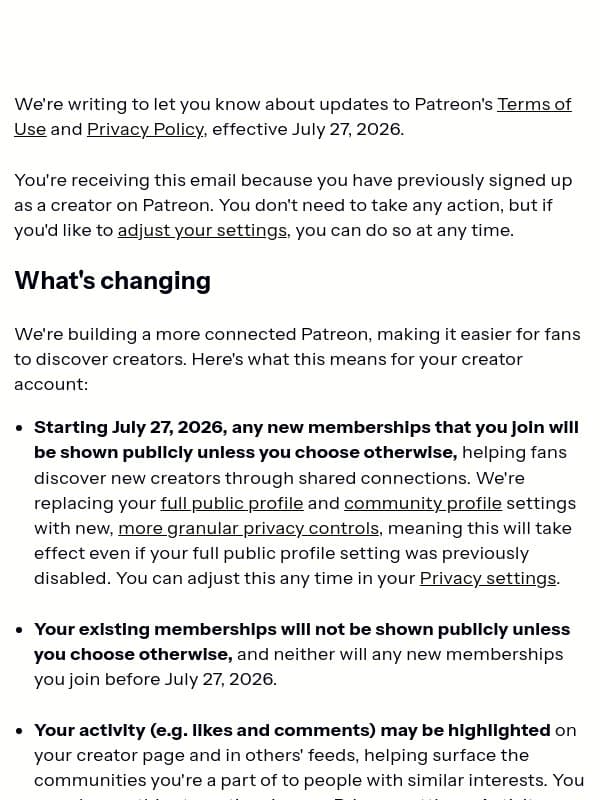 New Membership Visibility Settings & Updates to Patreon’s Terms and Privacy Policy email from Patreon