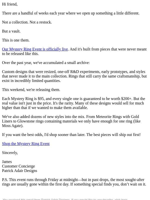 What Surprises Await You? email from Patrick Adair Designs