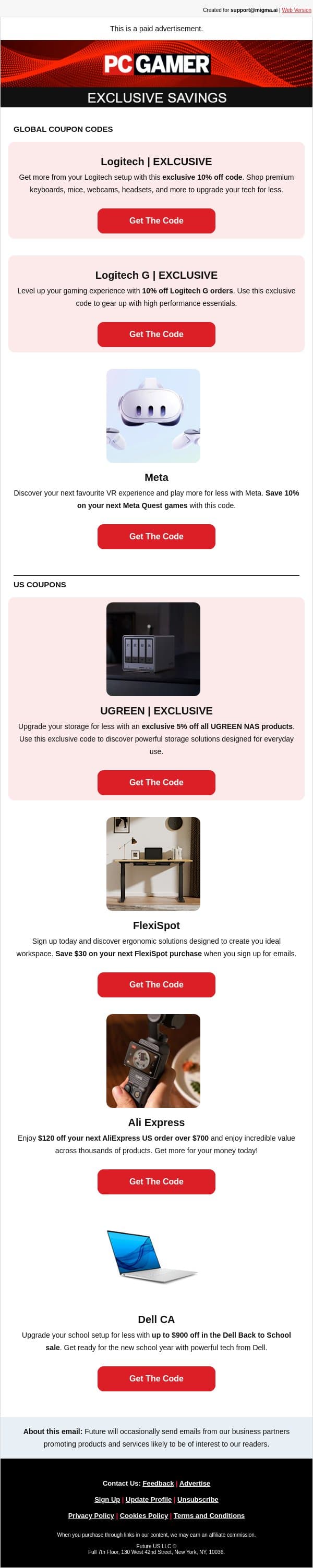 7 Top Coupon Codes For September email from PC Gamer screenshot