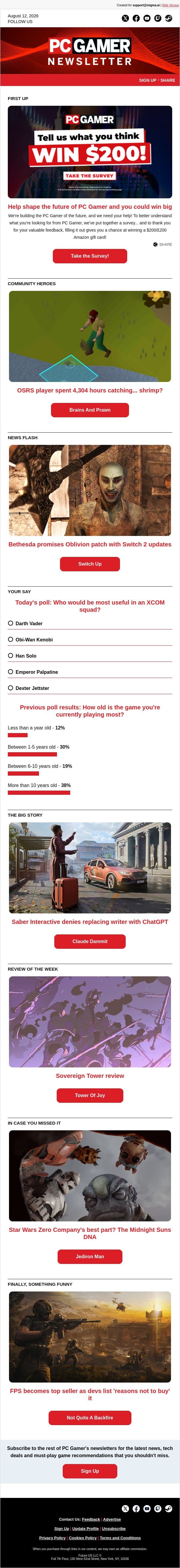 Saber says it didn't replace writer with AI π€ email from PC Gamer screenshot