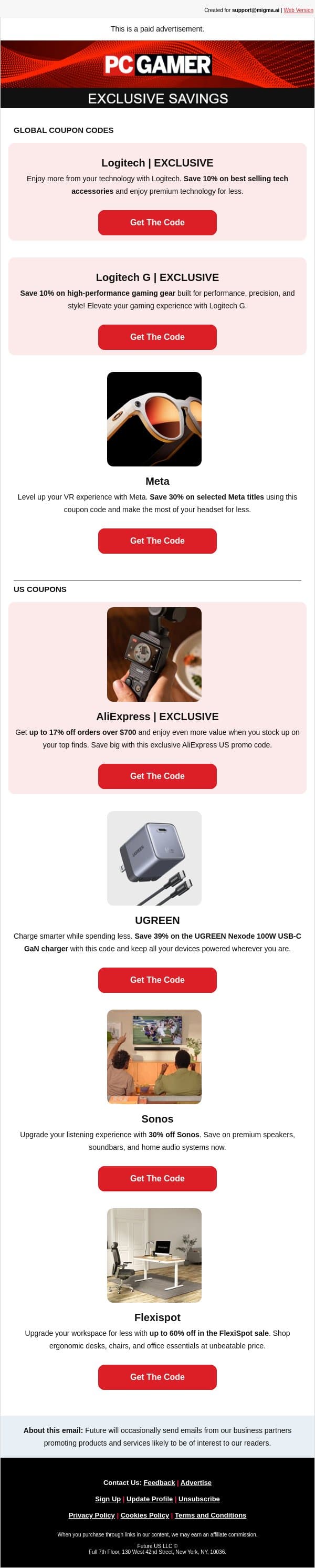 Top Coupon Codes This August email from PC Gamer screenshot