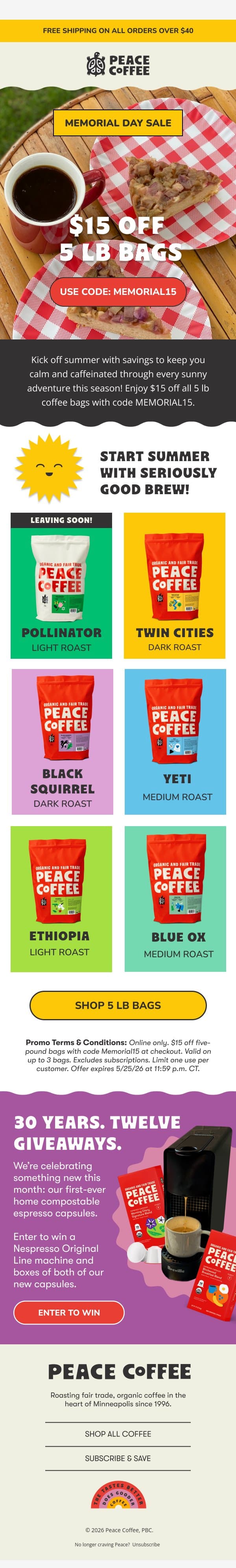 🚨 Don’t miss $15 off! email from Peace Coffee Decaf screenshot