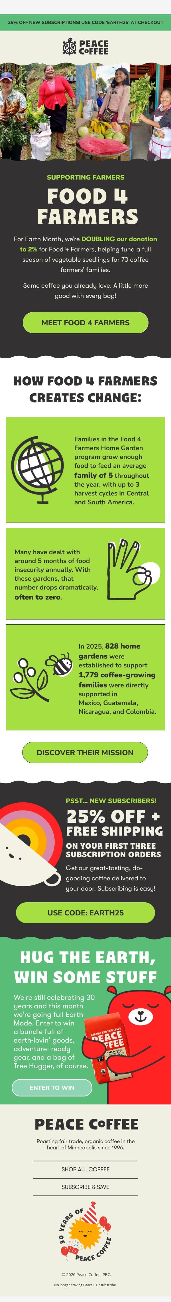 Double The Giving 🌱💚Coffee can be a force for good! email from Peace Coffee Decaf screenshot